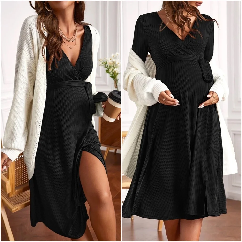 Maternity Rust Ribbed Long Sleeve Minimalist Dress - Picture 2 of 6